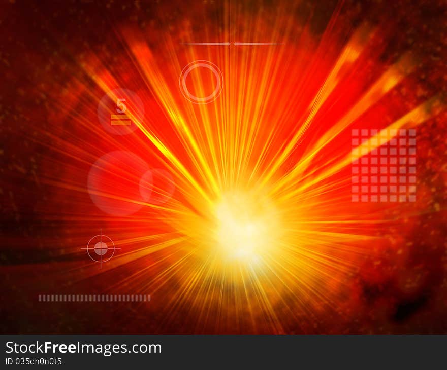 3D light beam explosion with burning background. 3D light beam explosion with burning background