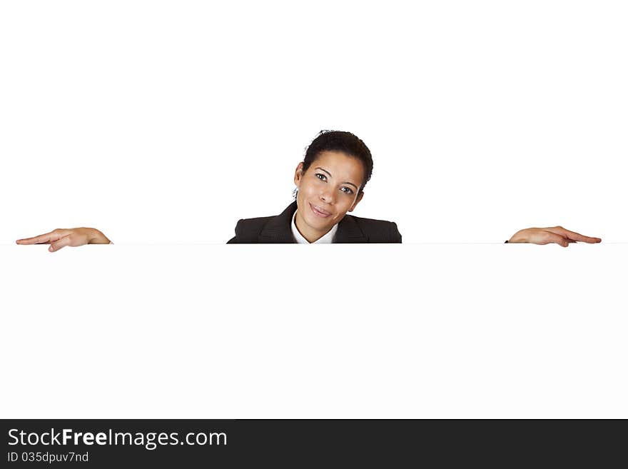 Young Happy Woman Leans On Blank Billboard