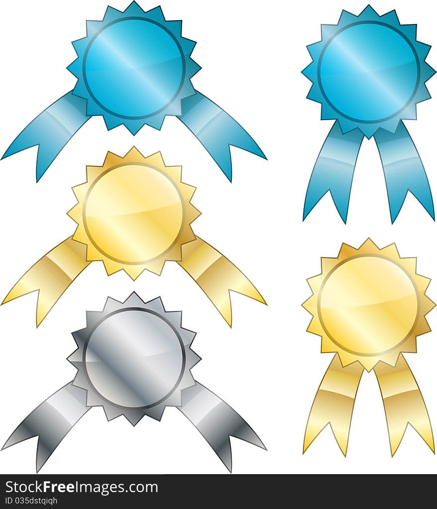 Five medals different colors with ribbon and place for text