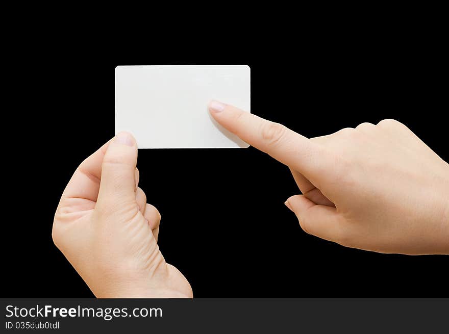 Paper Card In Woman Hand On Black Background