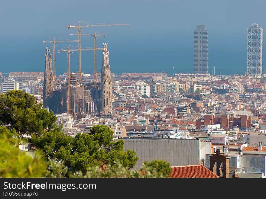 Panorama of Barcelona, Sagrada familia and many roofs