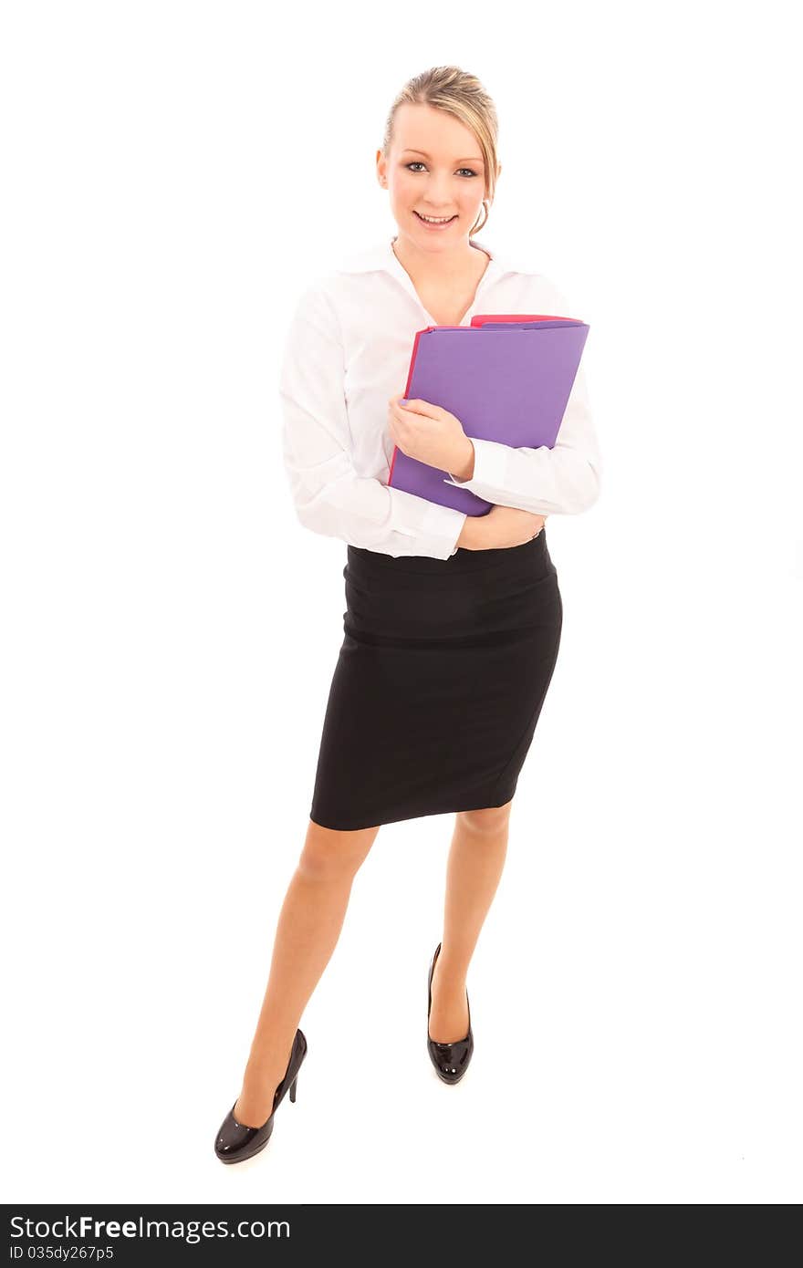 Business woman in a white shirt and black skirt holding bright colored files