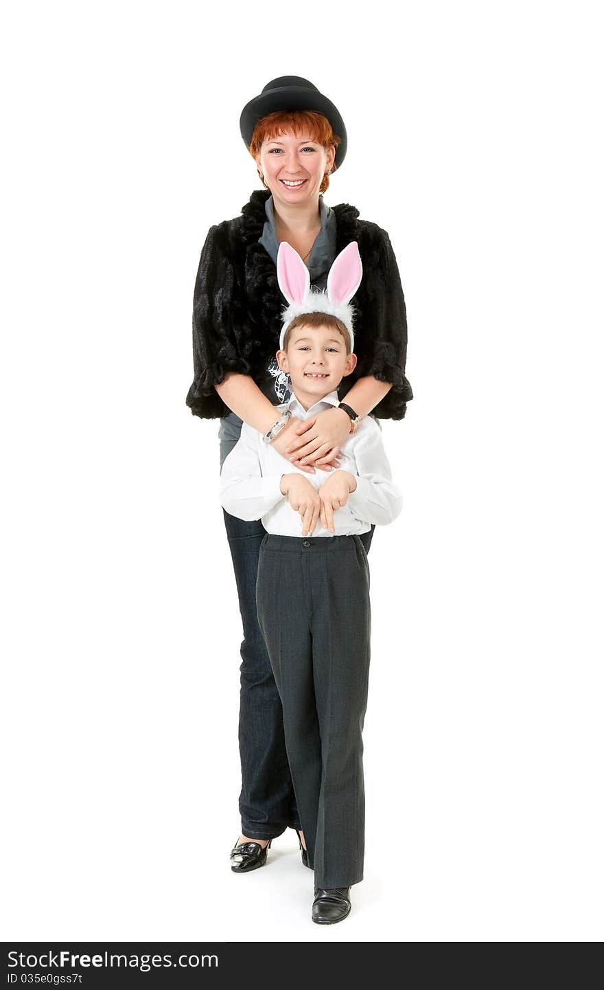 Mother with son with ear of the rabbit on white background