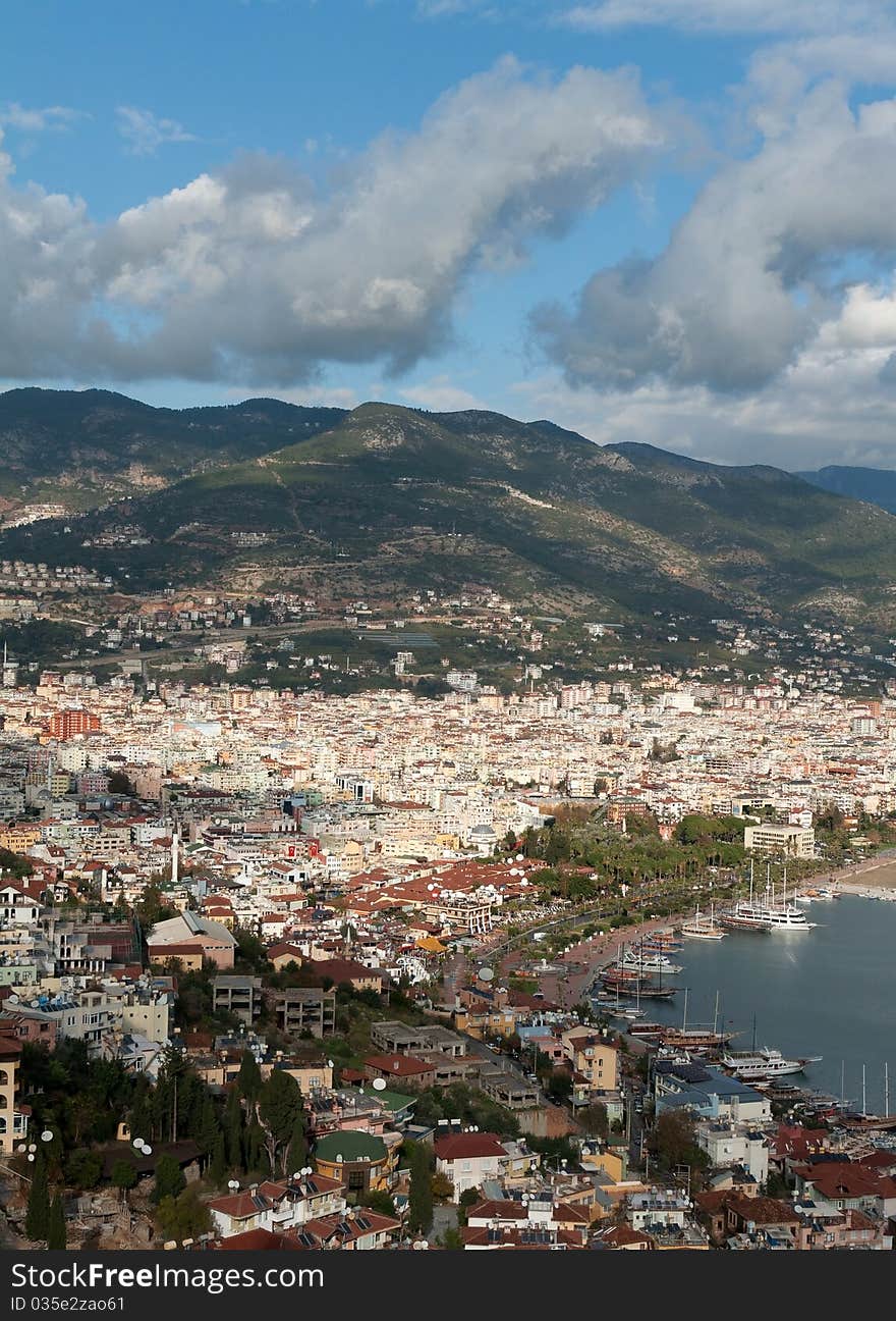 View of the city Alanya in Turkey against the backdrop of the mountains