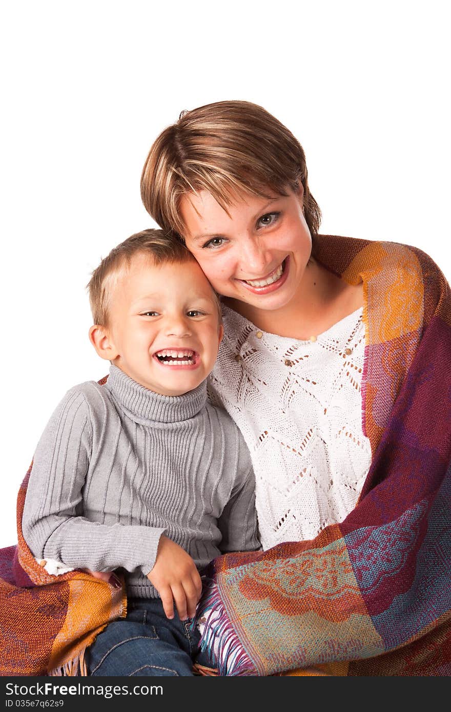 Charming woman with a son on a white background