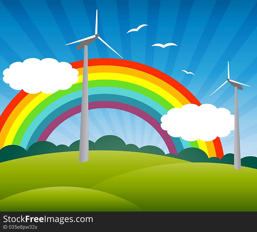 Landscape with windmills, a rainbow, birds and clouds