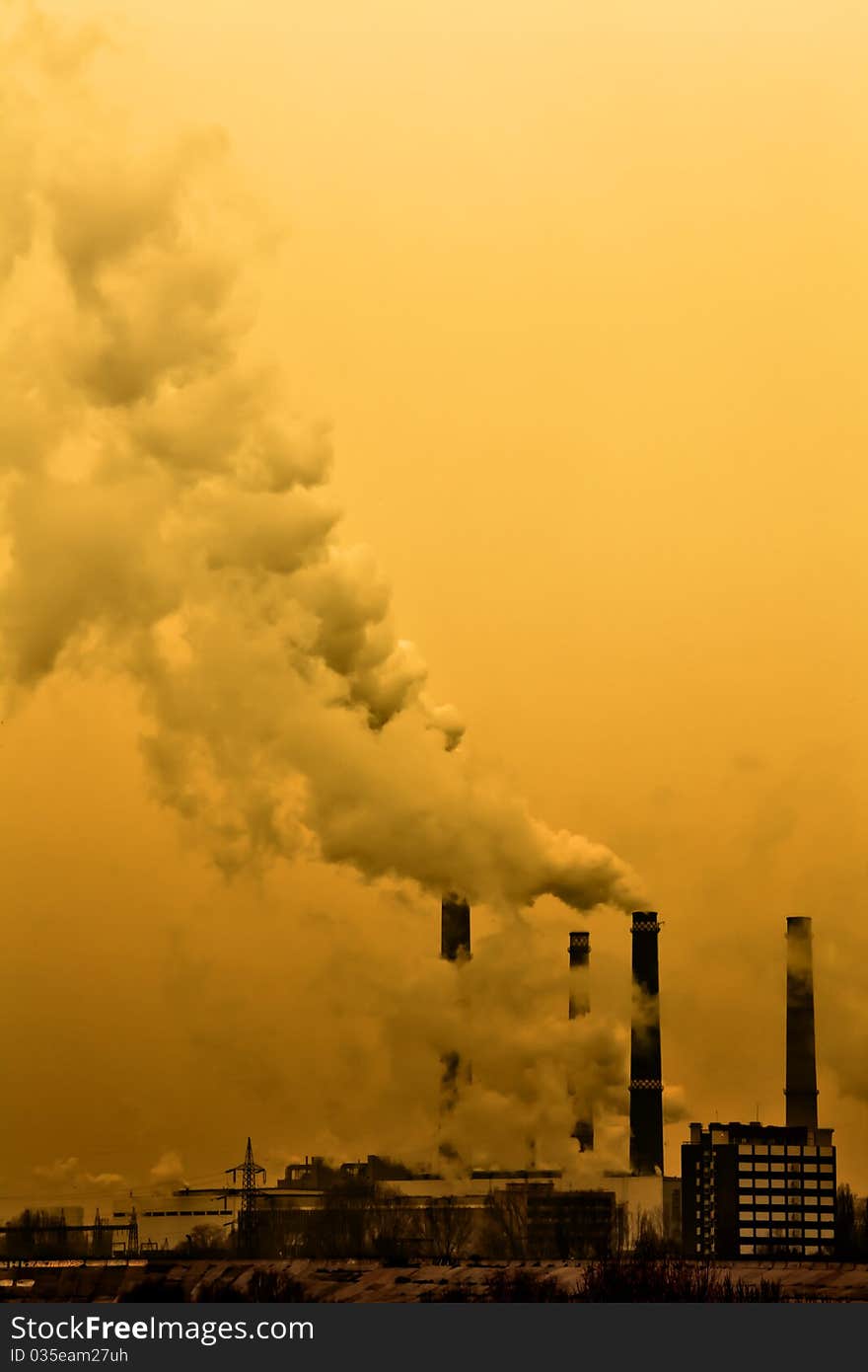 Power-station silhouette with smoke and steam. Power-station silhouette with smoke and steam