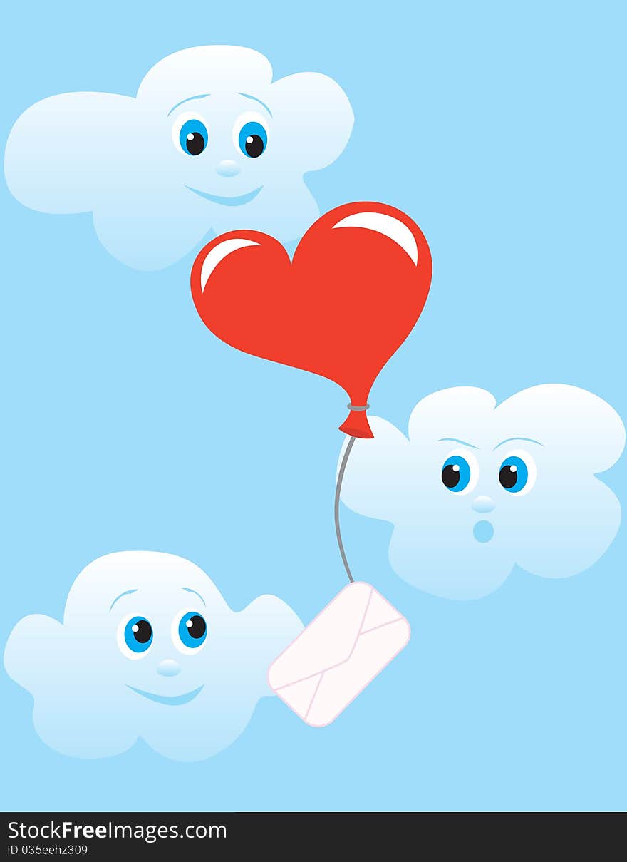 Shar as a heart personifying letter flies on sky to the addressee in surroundings playful clouds. Shar as a heart personifying letter flies on sky to the addressee in surroundings playful clouds.