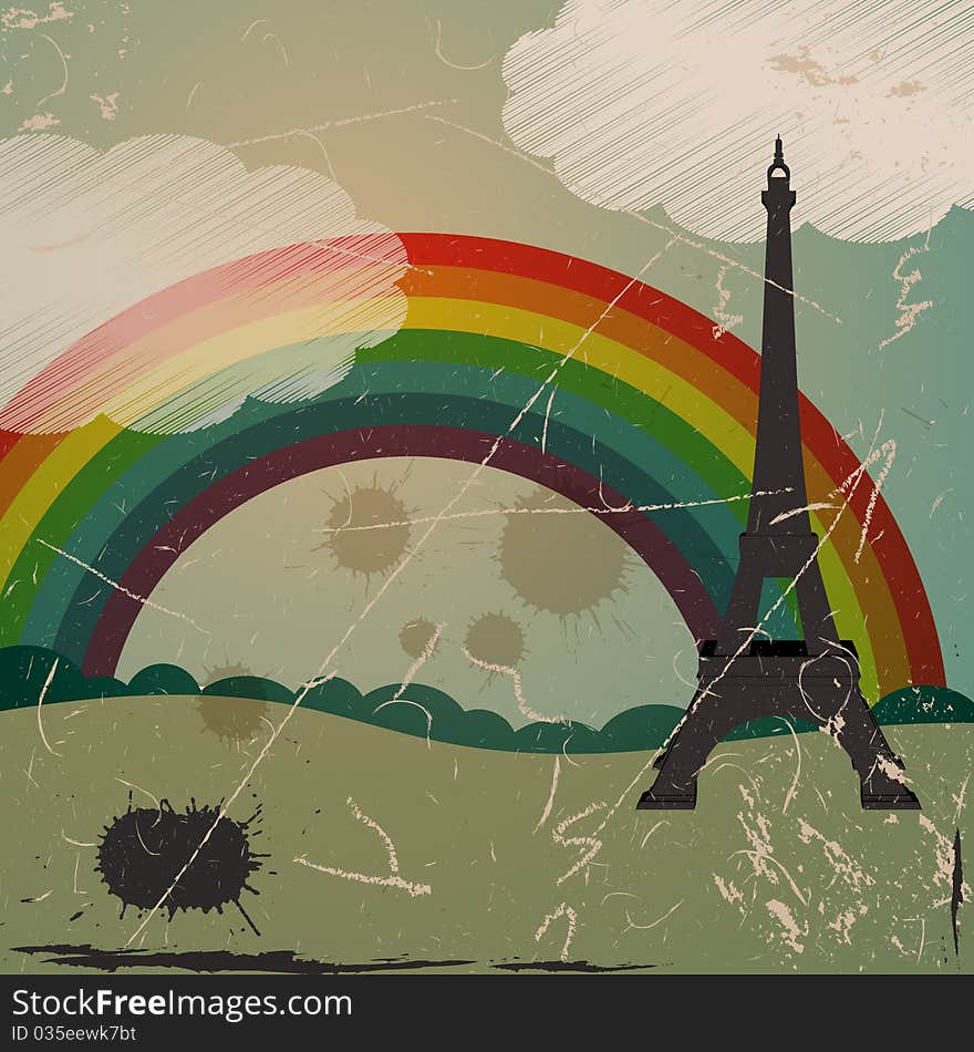 Grunge Eiffel tower and rainbow; blots and stains