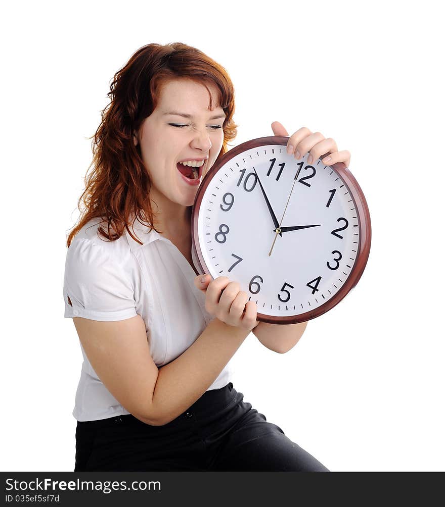 An image of a woman with big clock. An image of a woman with big clock