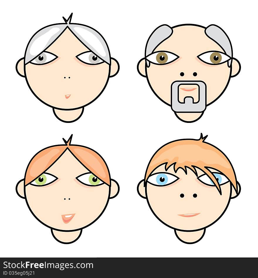 Four funny illustrated human faces. Four funny illustrated human faces