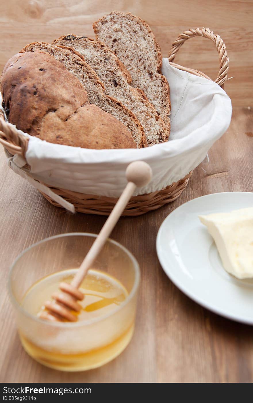 Fresh cooking sliced bread with honey and butter. Fresh cooking sliced bread with honey and butter