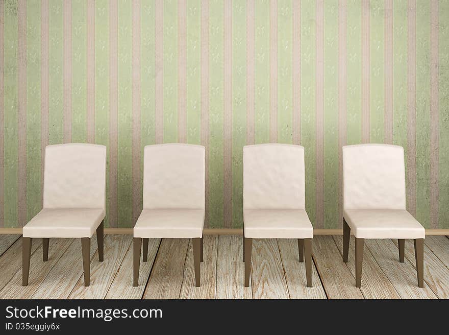 An empty room with dirty striped wallpaper and four chairs