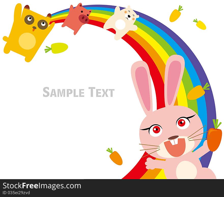 Vector illustration of Happy animals  on rainbow