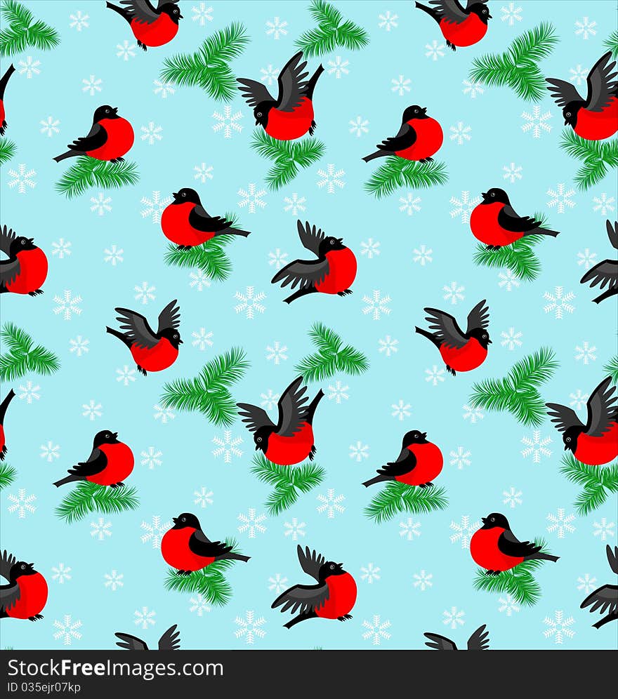 Winter Pattern With Bullfinches And Fur-trees