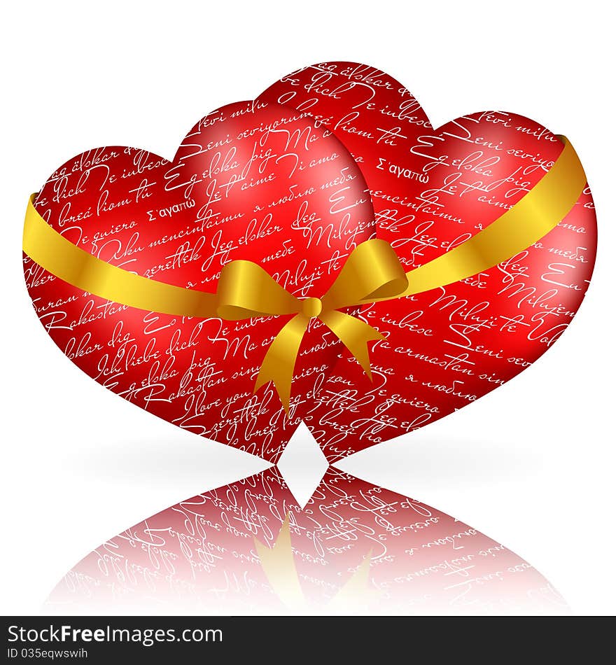 Two red hearts with golden bow and ribbon on white background. Vector eps10 illustration