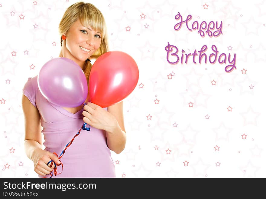 Close-up of a beautiful young woman with colorful balloons balloons. Text Happy Birthday