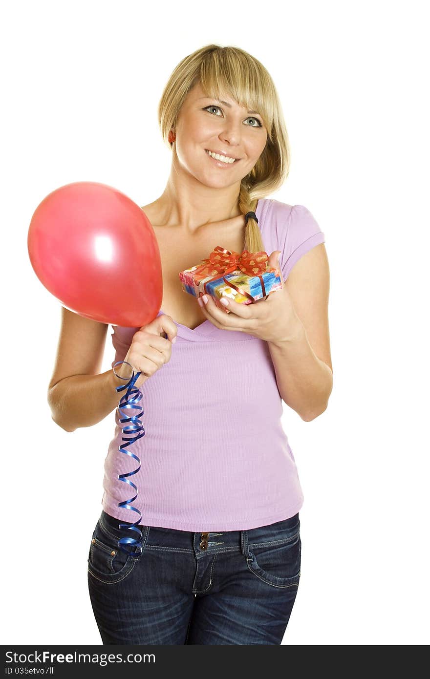 Close-up of an attractive young woman with balloons and gift box. Isolated on a white background