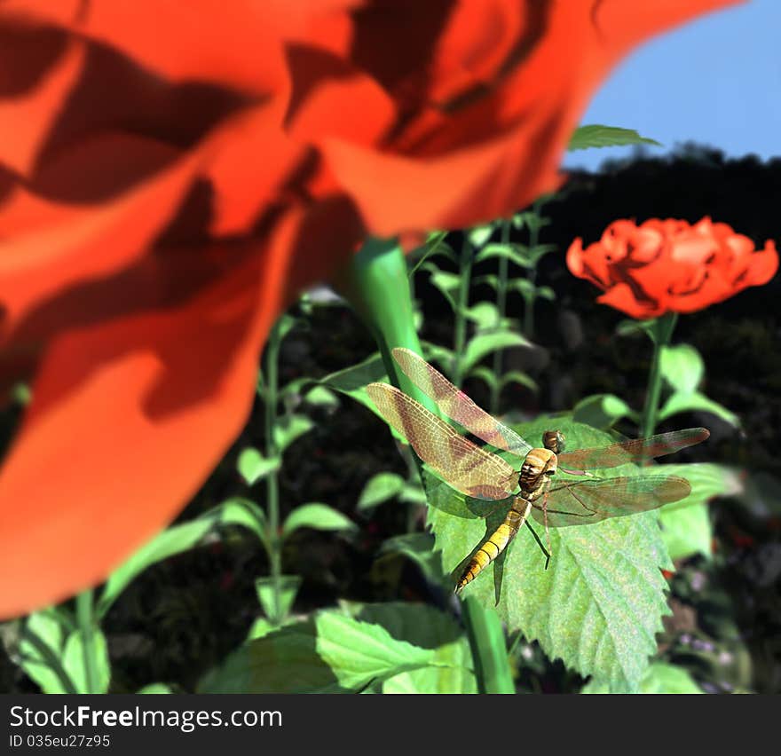 3d render. Dragonfly sits on a sheet of paper roses. 3d render. Dragonfly sits on a sheet of paper roses