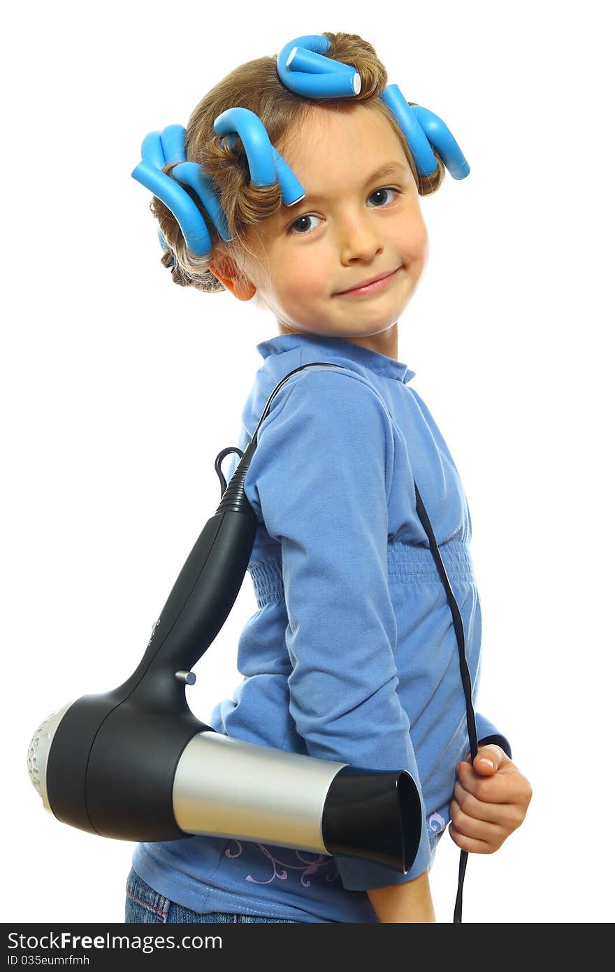 Little girl posing with hair dryer isolated on white