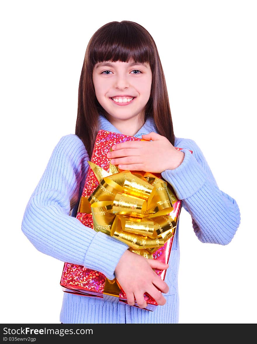 Beautiful smiling girl with a gift. isolated on white. Beautiful smiling girl with a gift. isolated on white