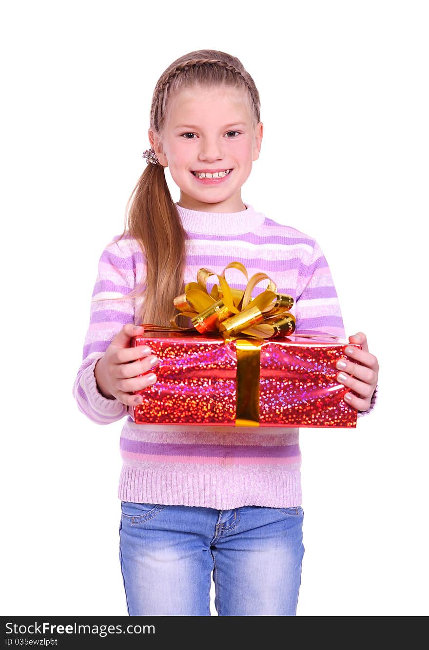 Beautiful smiling girl with a gift. isolated on white. Beautiful smiling girl with a gift. isolated on white