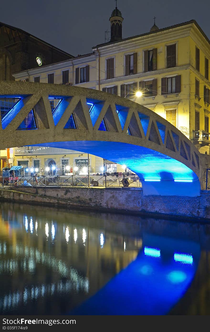 Bridge of Dazio on the Naviglio Grande Canal during the night. Milan City, Italy. Bridge of Dazio on the Naviglio Grande Canal during the night. Milan City, Italy