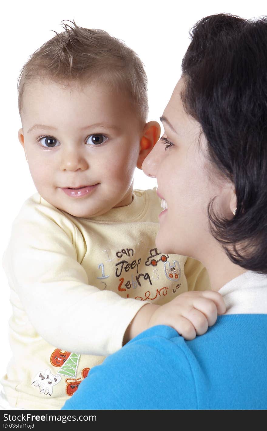 Picture of happy mother with baby over white