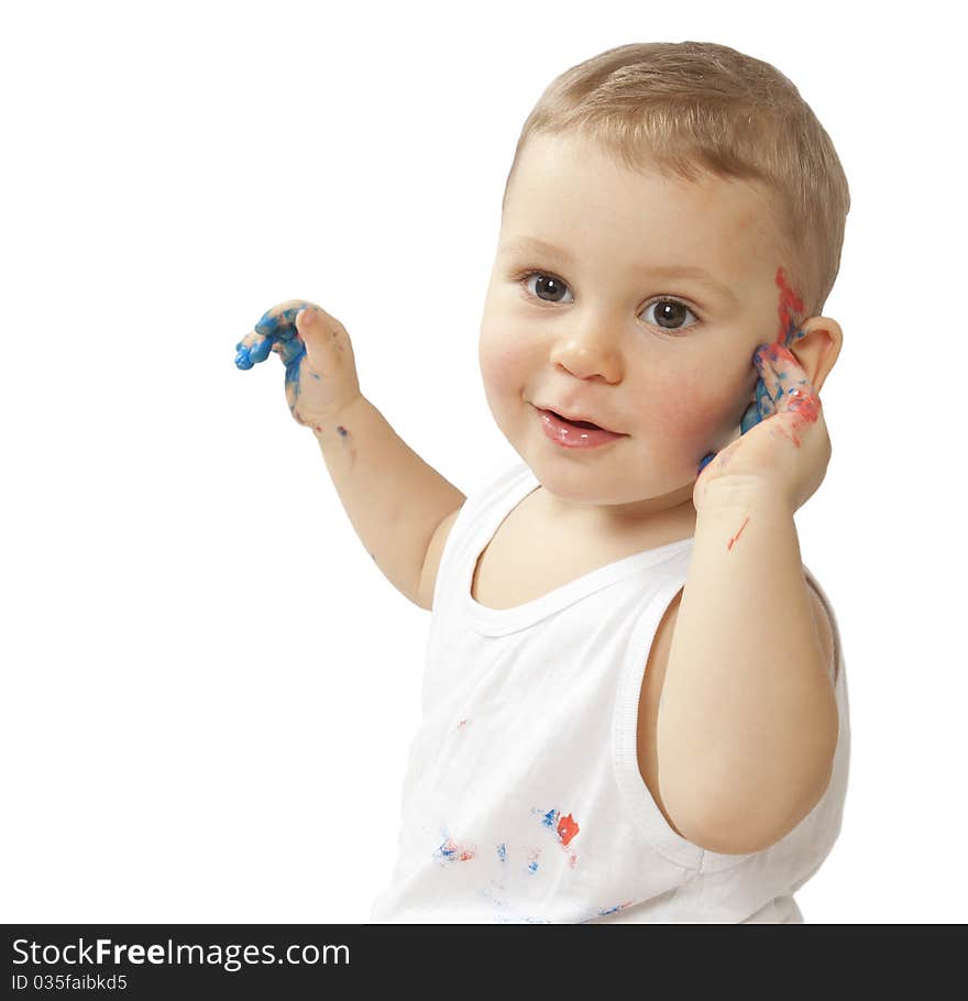 Bright closeup portrait of adorable baby over white