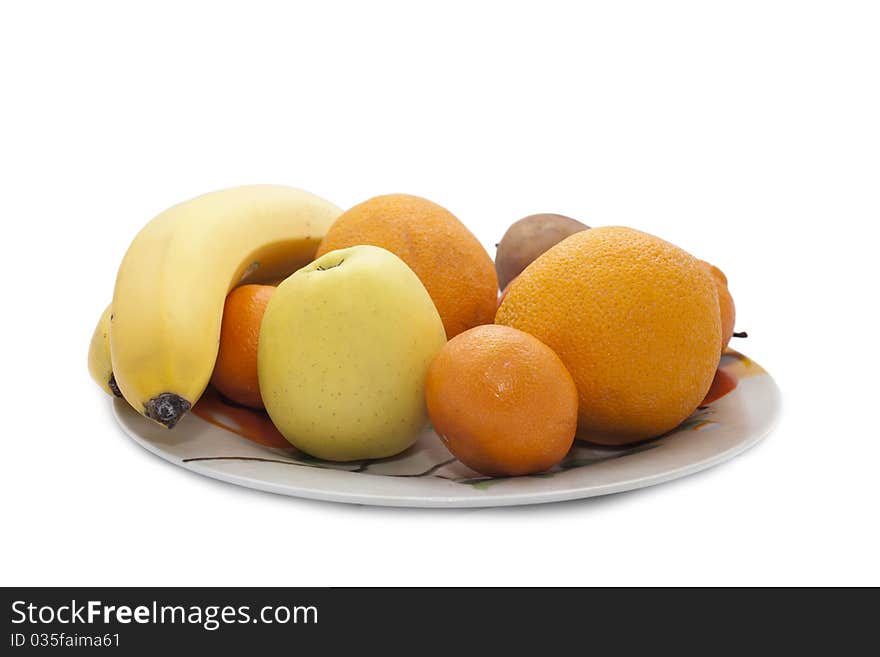 Banana orange apple on the white background. Banana orange apple on the white background