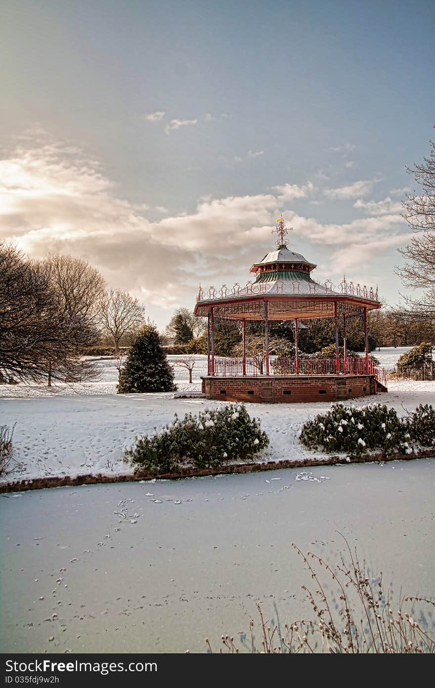 Bandstand and frozen lake