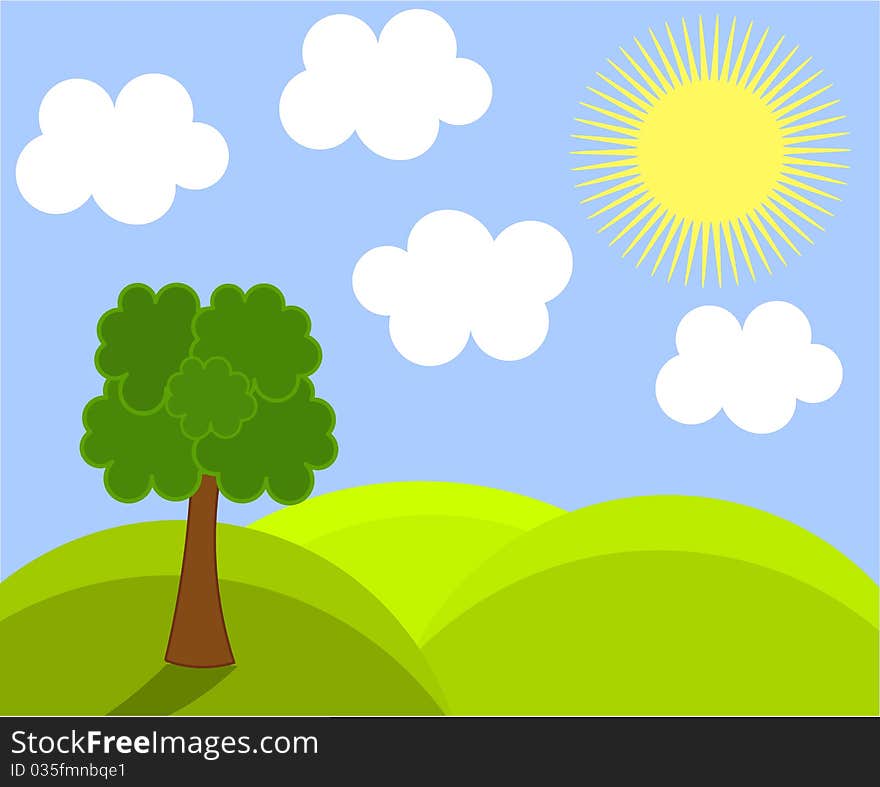 Spring landscape with sunny hills. Vector illustration