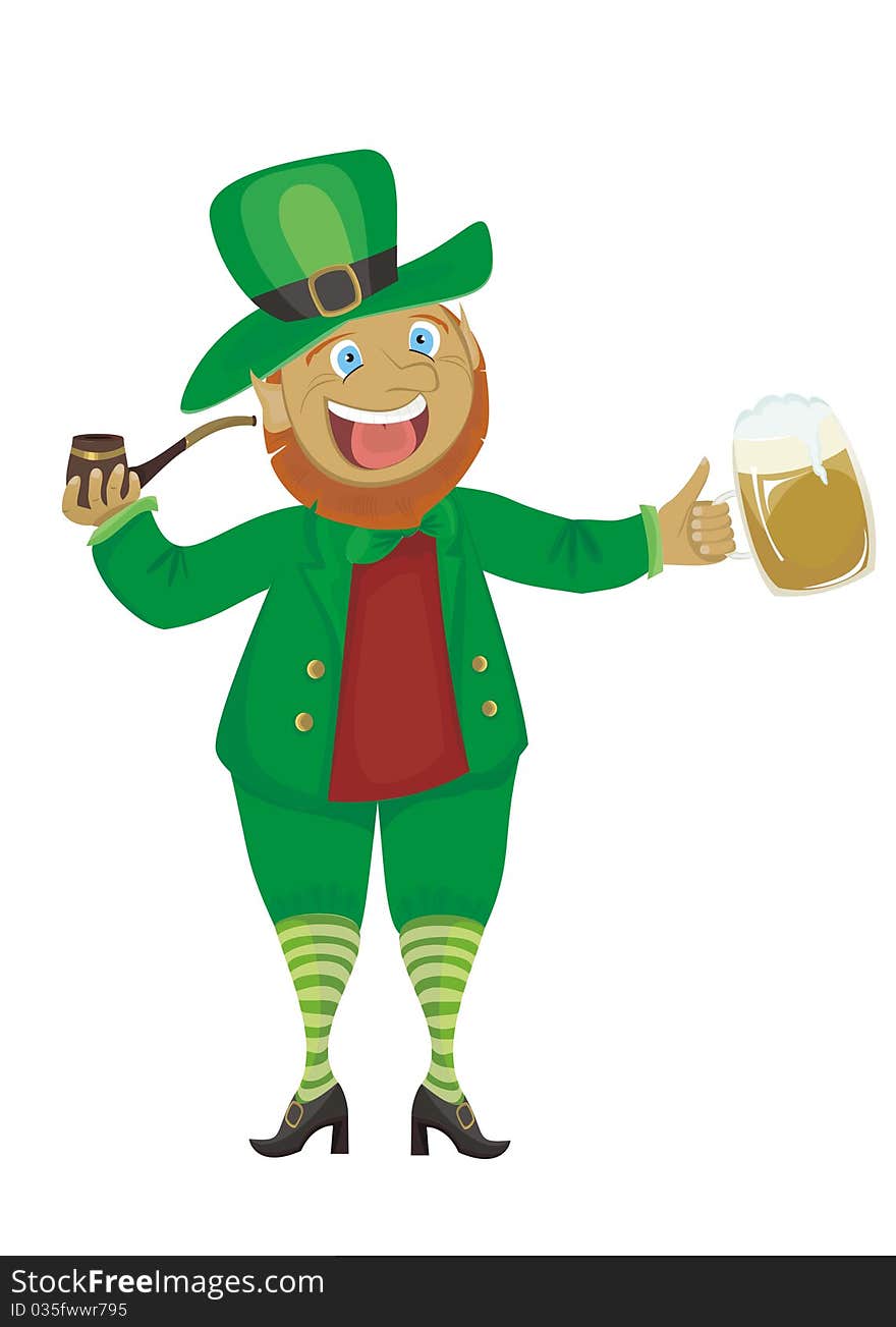 Leprechaun with a pipe and beer isolated on a white background. Leprechaun with a pipe and beer isolated on a white background