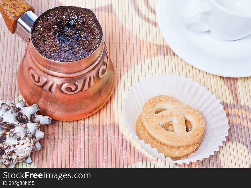 Turkish Coffee In Copper Coffee Pot With Cookies