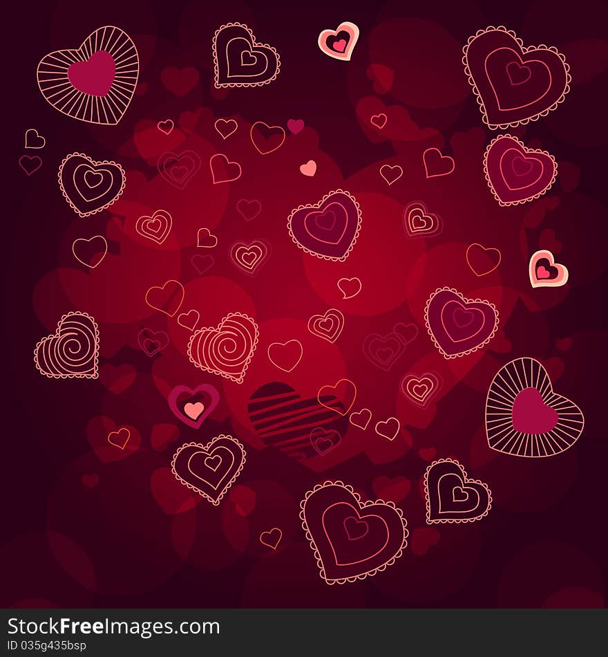 Contour hearts on dark red background