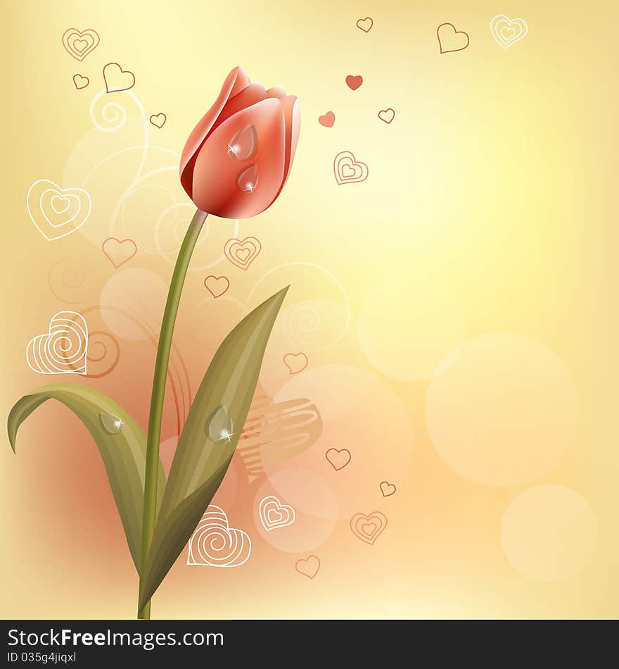 Pastel background with tulip and contour hearts