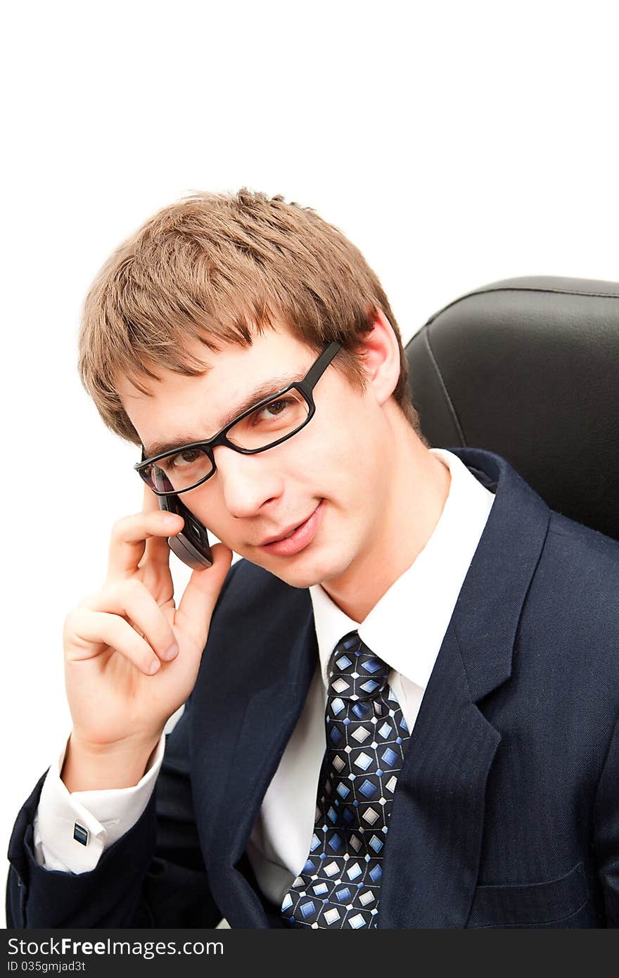 Young business men talking on a phone