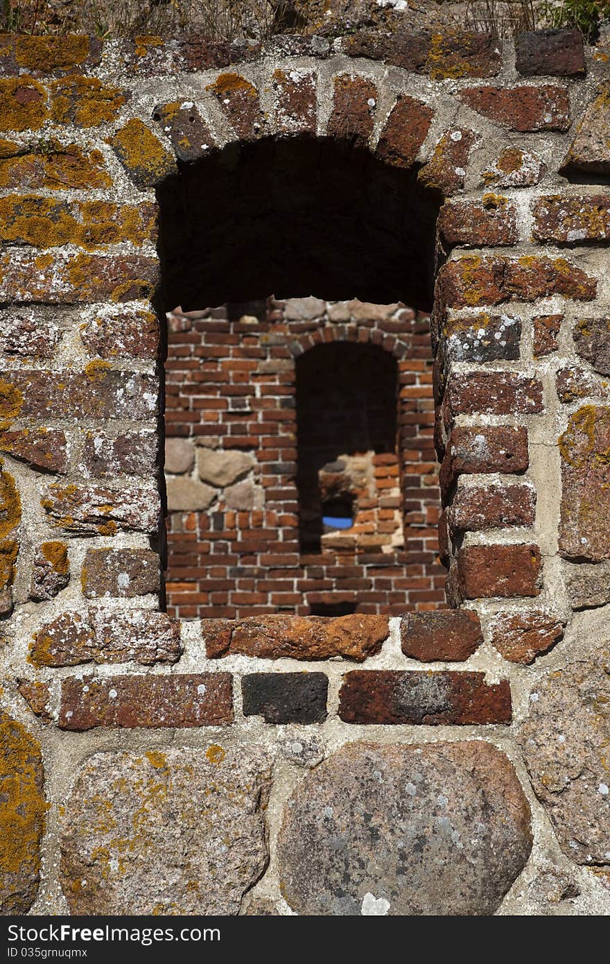 Hammershus Fort from year 1255, Windows opening in the Storage House. Bornholm, Denmark.