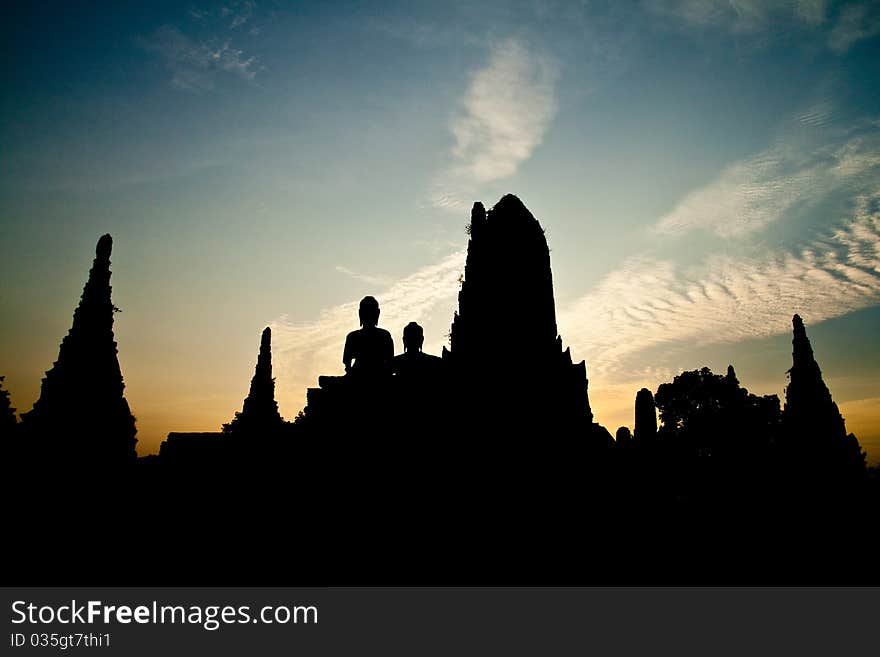 Silhouette of wat chaiwattanaram at Sunset