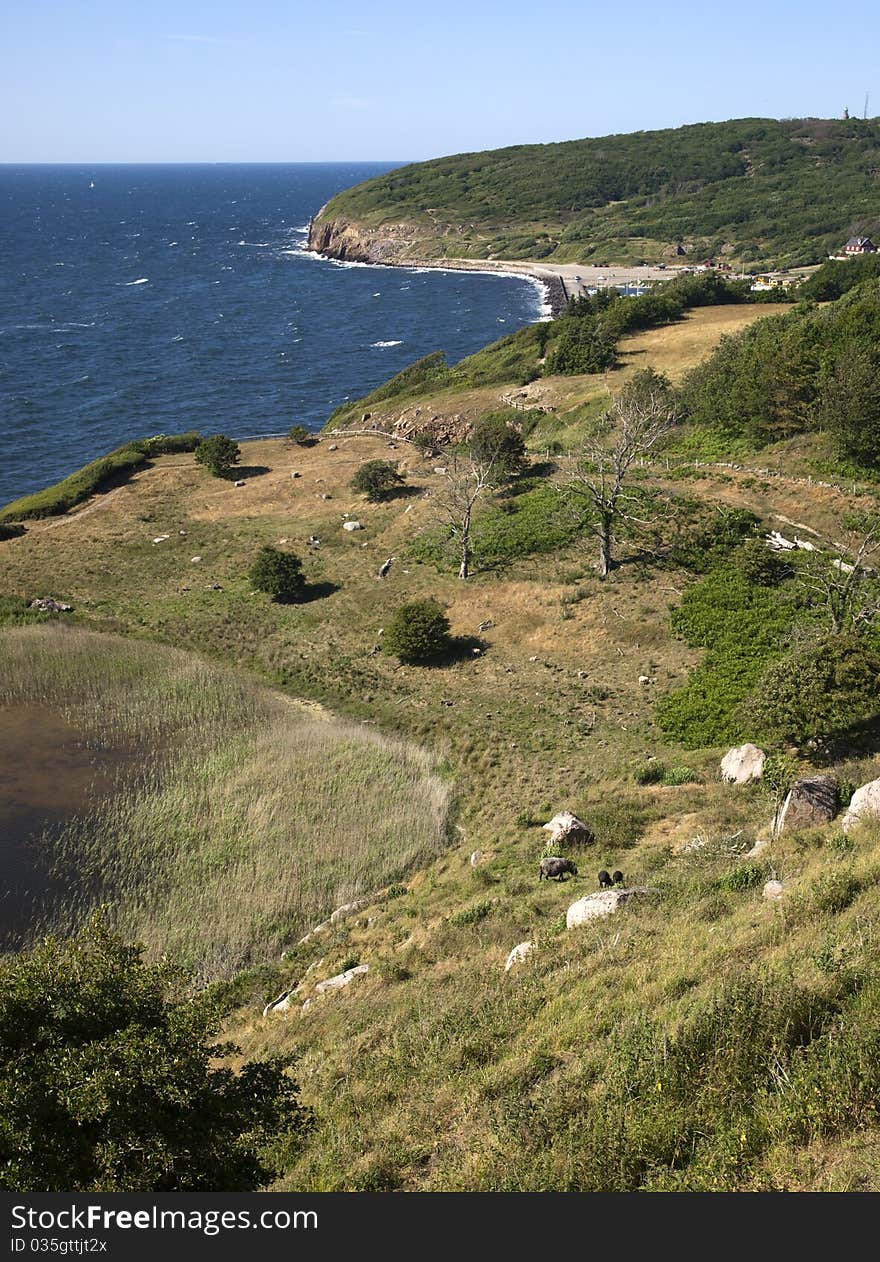 View from Hammershus Fort towards the cliff formation Hammeren. Bornholm, Denmark. View from Hammershus Fort towards the cliff formation Hammeren. Bornholm, Denmark