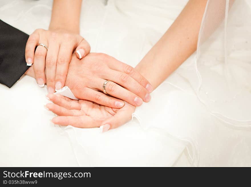 Closeup of two hands of caucasian young adults with wedding rings. Closeup of two hands of caucasian young adults with wedding rings