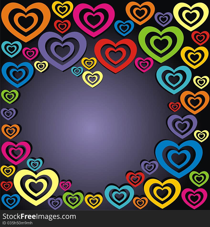 Heart consist of colorful hearts on black background. Vector illustration