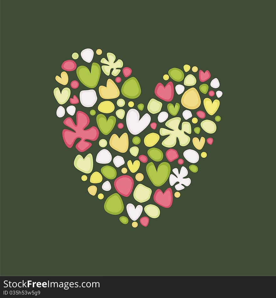 Heart consist of colorful patterns on green background. Vector illustration. Heart consist of colorful patterns on green background. Vector illustration