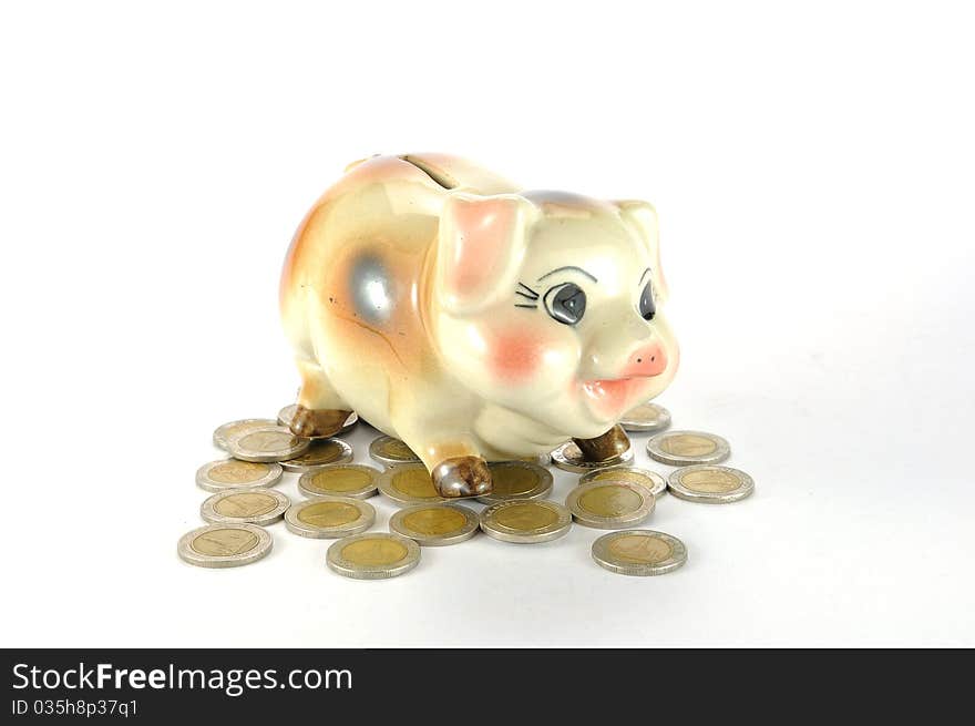 Piggy Bank with row of coins. Piggy Bank with row of coins