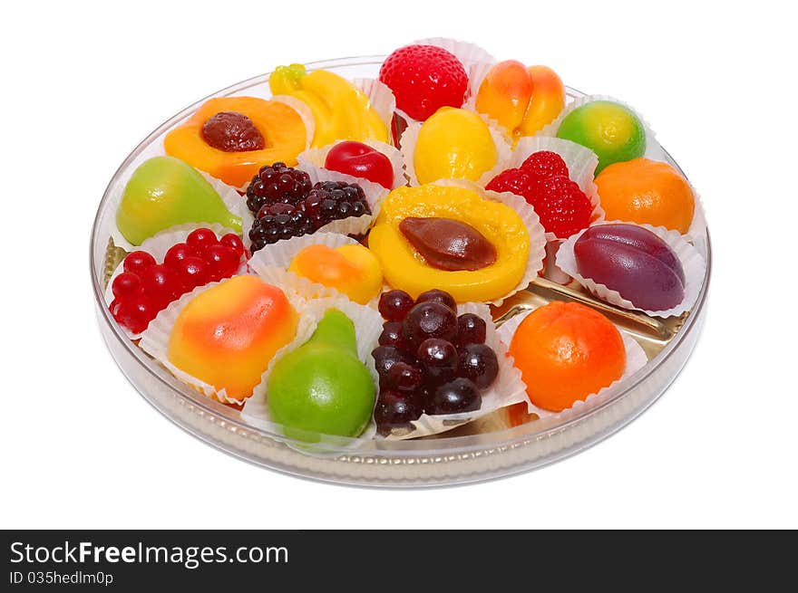 Box of candies from marmalade isolated over white