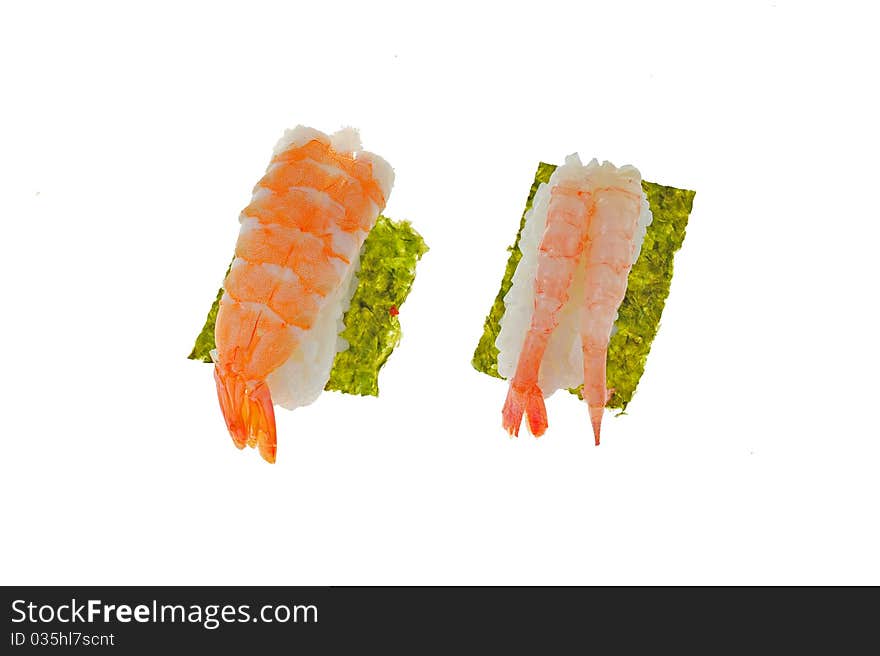 Japanese rice sushi with raw prawns