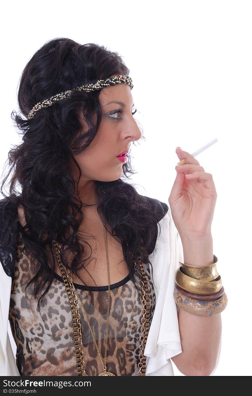 Photograph showing pretty young female isolated against white with cigarette. Photograph showing pretty young female isolated against white with cigarette