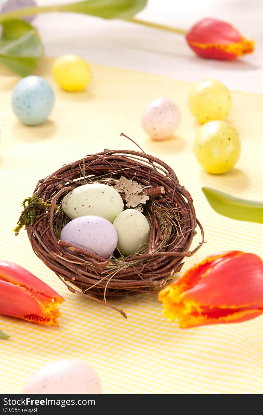 Colorful painted Easter eggs blue, pink, yellow Painted Colorful in birds nest decorated with spring tulips flowers on a pastel background