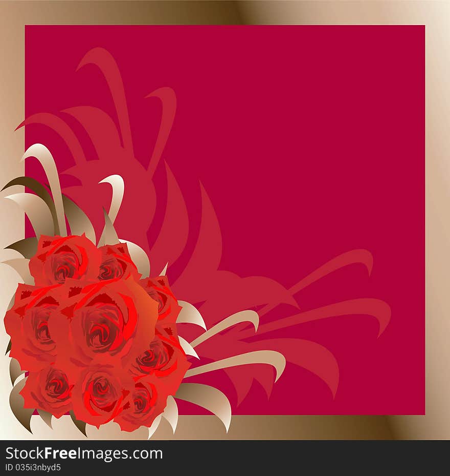 Background with roses bouquet and frame on red. Background with roses bouquet and frame on red.