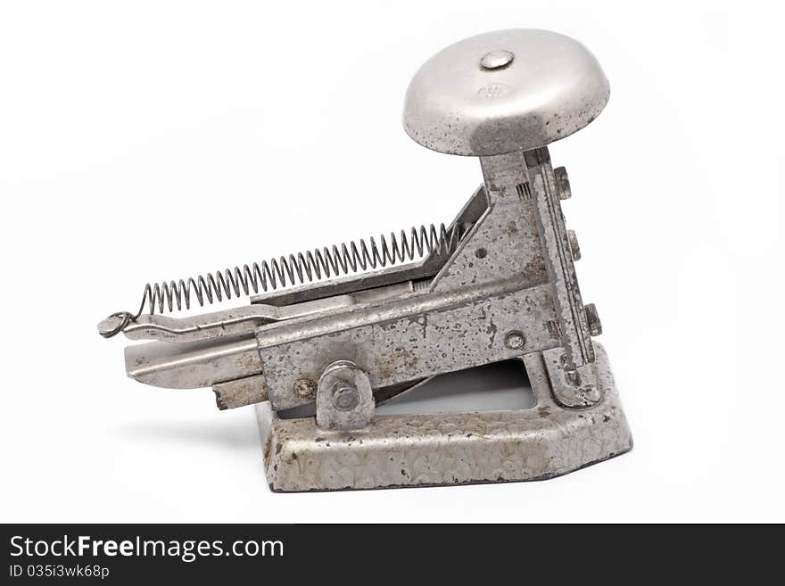 Old gray steel stapler used with staple. Old gray steel stapler used with staple